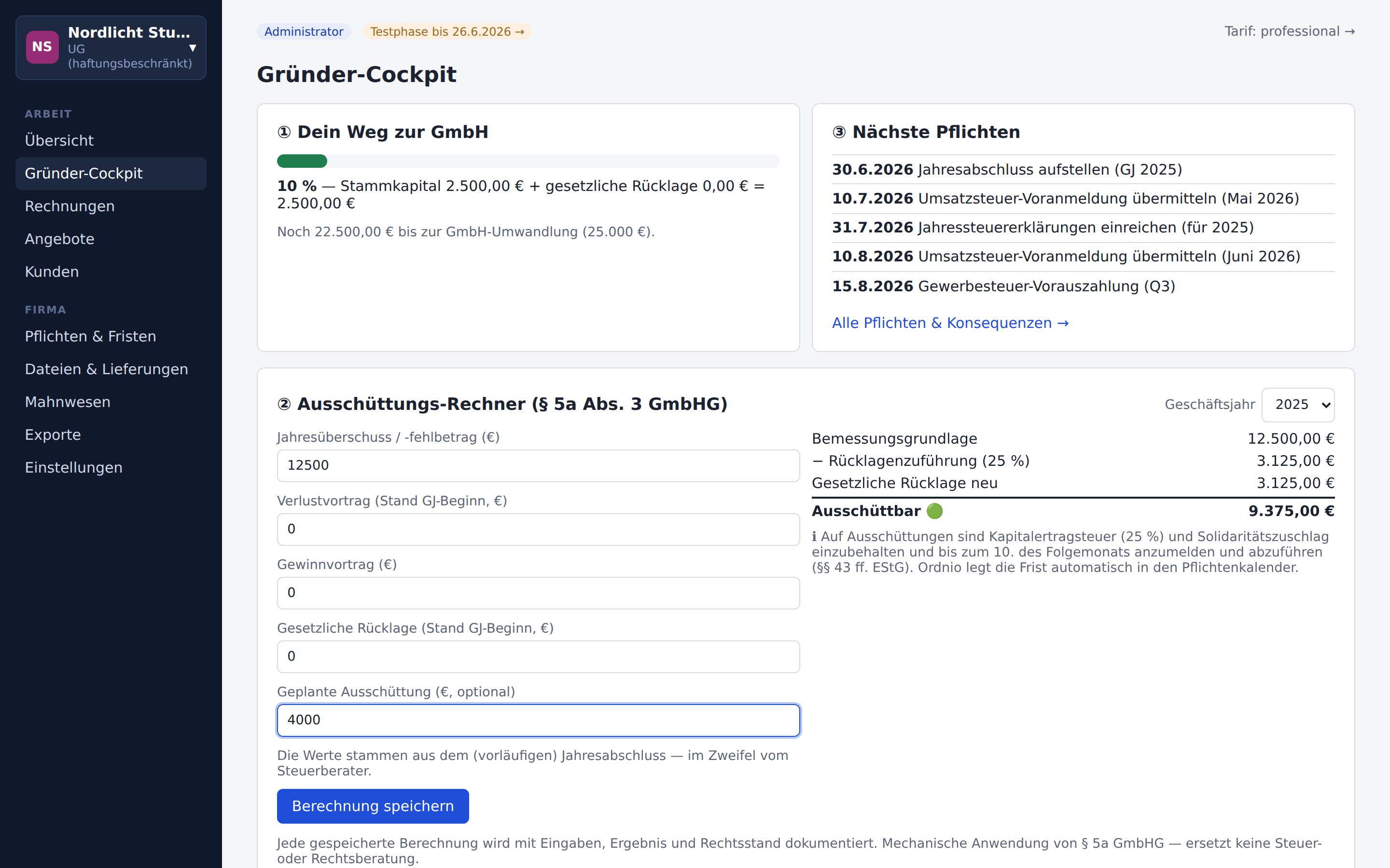Gründer-Cockpit in Ordnio mit Weg zur GmbH, Ausschüttungs-Rechner nach § 5a GmbHG und nächsten Pflichten