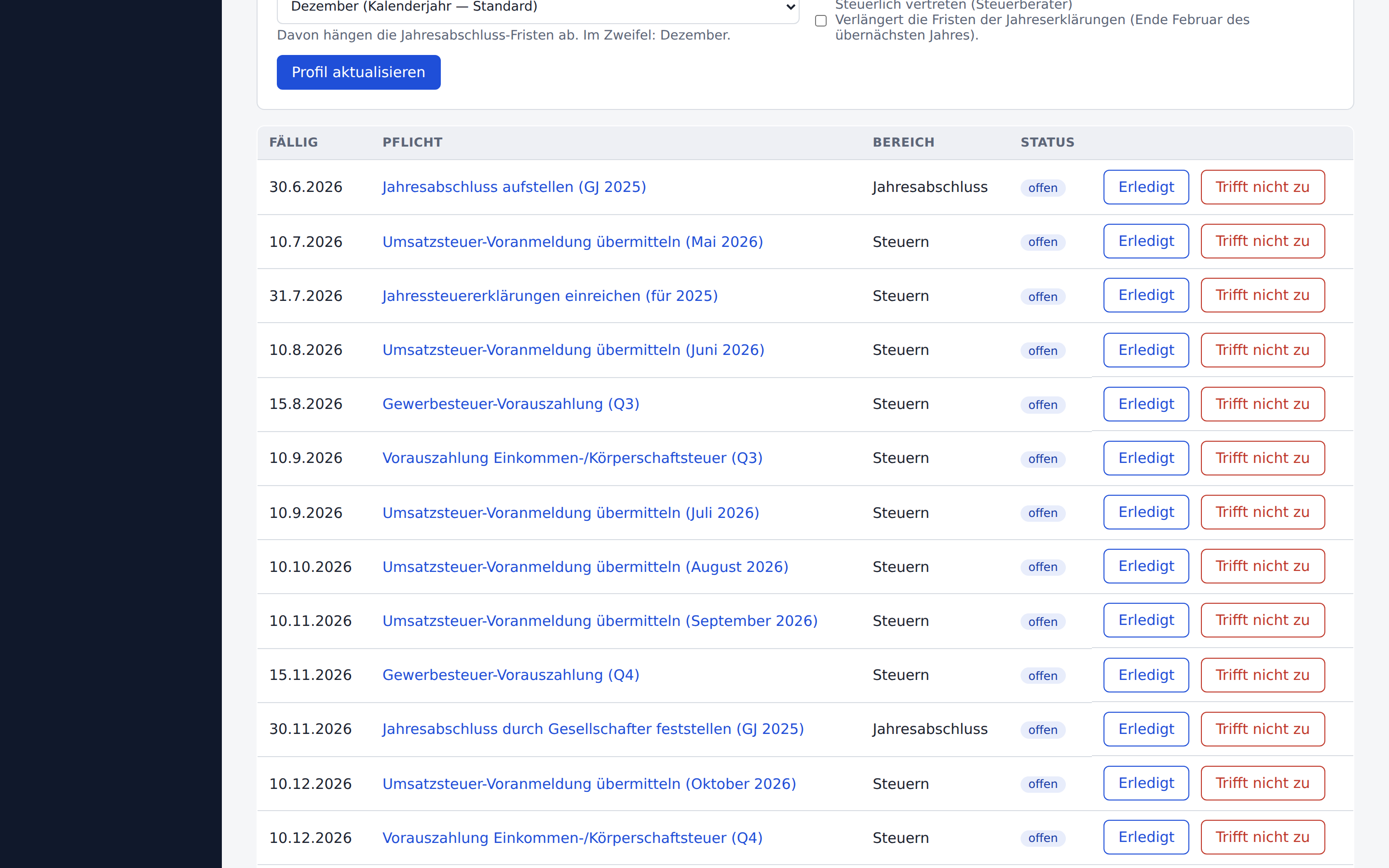 Pflichten- und Fristenkalender in Ordnio mit Fälligkeiten, Rechtsgrundlagen und Erledigt-Status